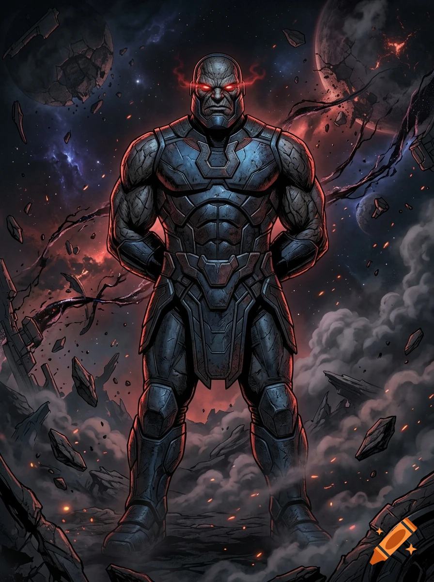 Comic book style illustration of Darkseid standing amidst a destroyed cosmic landscape with glowing red eyes.