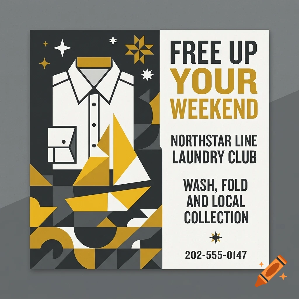 An advertisement for Northstar Line Laundry Club featuring a folded shirt, geometric sailboat art, and text reading Free up your weekend.