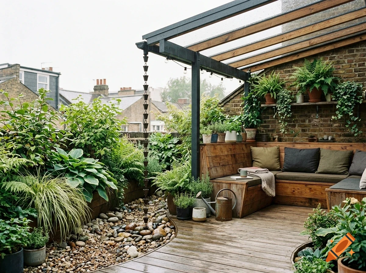 A cozy rooftop terrace garden with lush greenery, wooden seating benches, a pergola, and a rain chain.