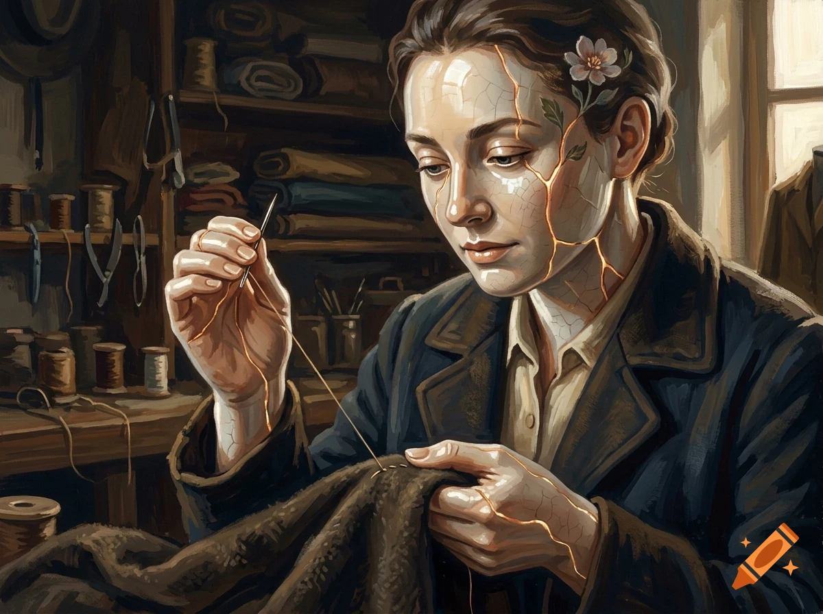 An oil painting of a woman with a cracked porcelain face sewing fabric in a workshop filled with spools of thread.