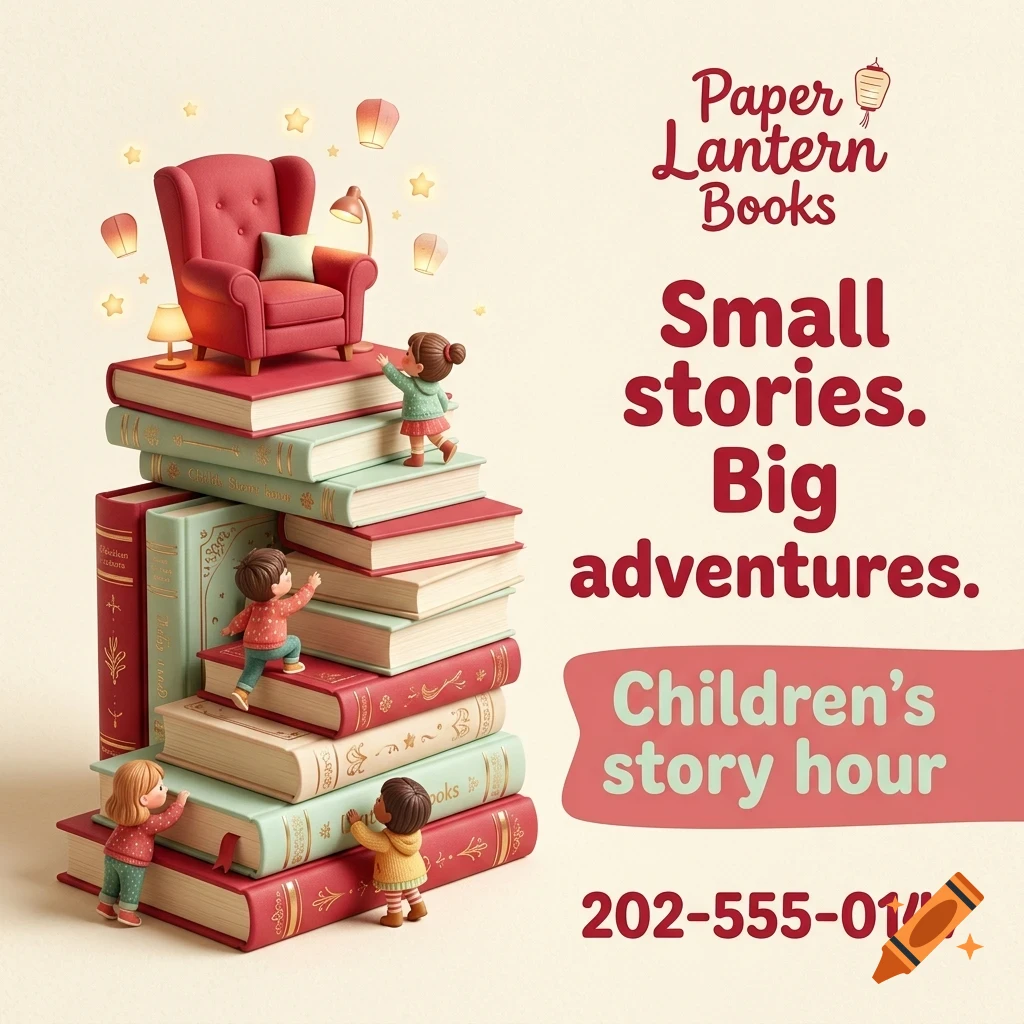 An advertisement for Paper Lantern Books showing children climbing a giant stack of books topped with an armchair, surrounded by floating lanterns and stars.