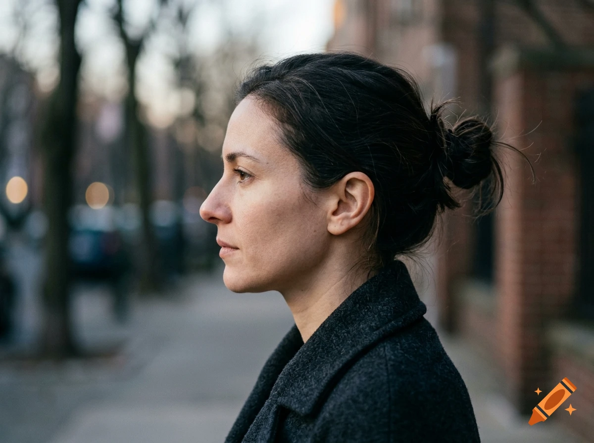Photorealistic side profile of a woman with dark hair tied in a bun, wearing a dark coat outdoors.