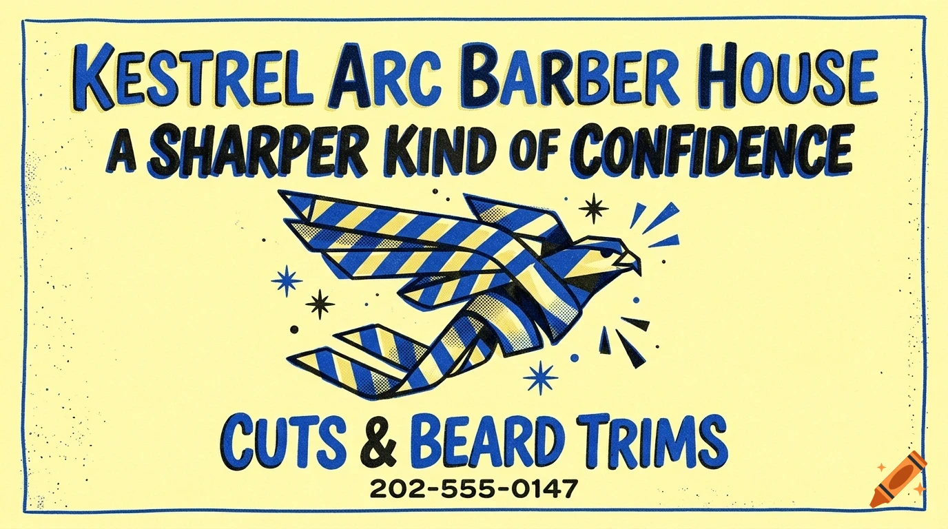 An illustration of a stylized blue and yellow striped kestrel bird in flight, accompanied by the text Kestrel Arc Barber House, A sharper kind of confidence, Cuts & Beard Trims, and a phone number.