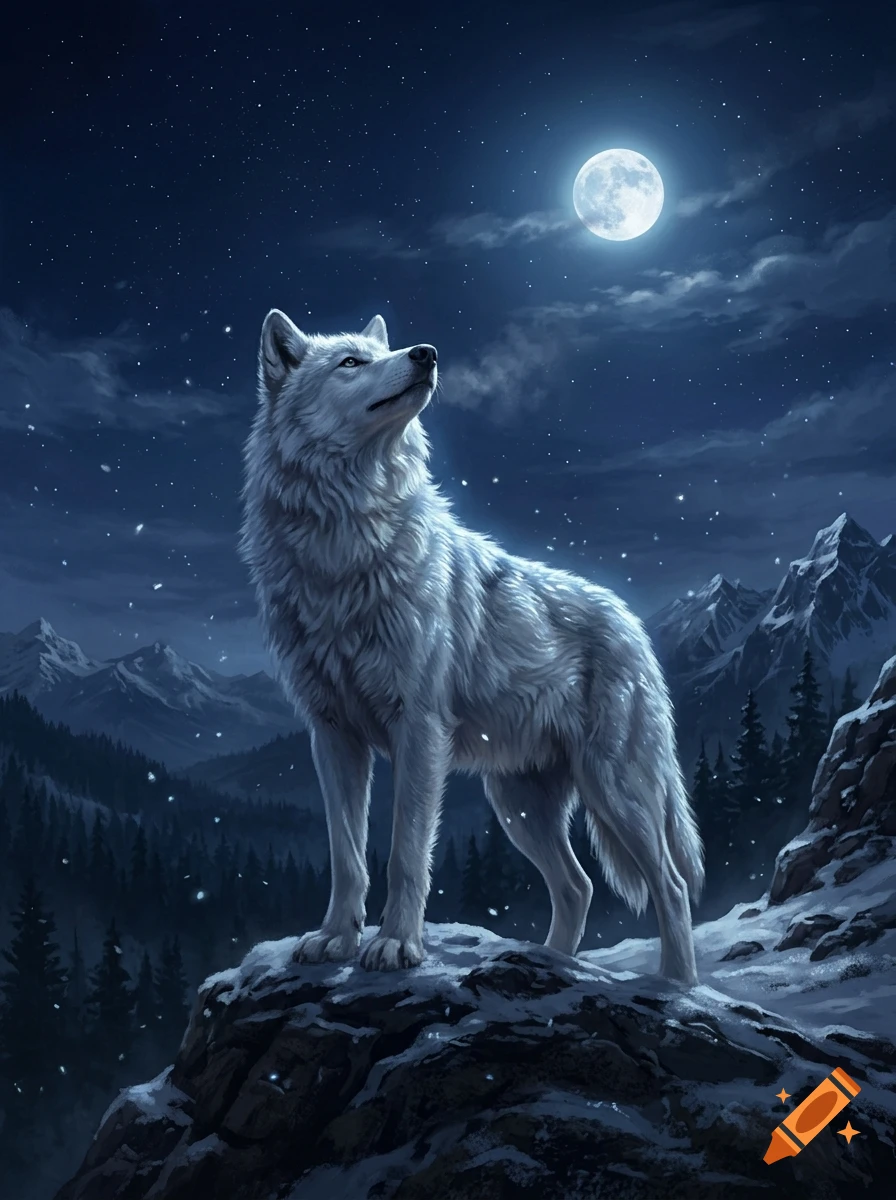 A majestic white wolf standing on a snowy rock cliff howling at a full moon in a starry night sky.