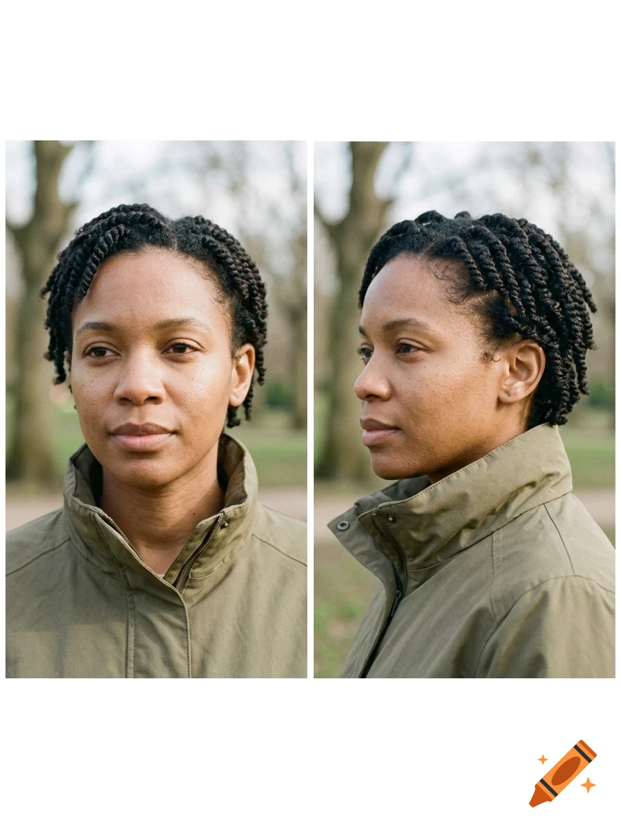Two portraits of a woman with short braided hair wearing a green jacket, shown from the front and profile.
