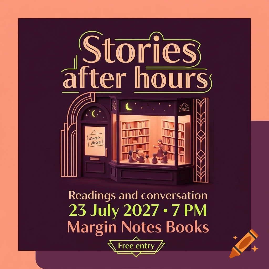 An event poster titled Stories after hours featuring an illustration of a bookstore interior with people gathered around shelves of books.