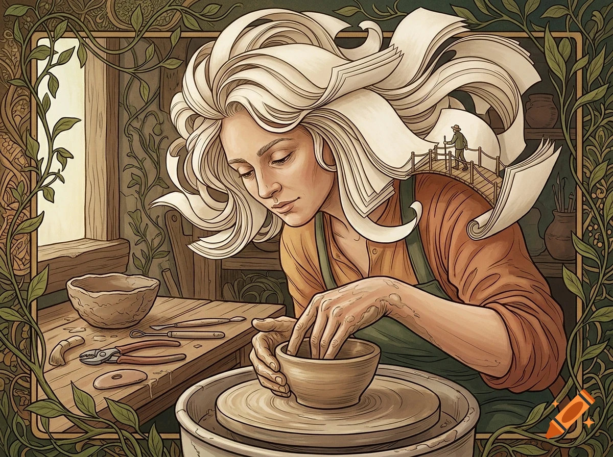 An illustration of a potter shaping clay on a wheel, with her hair flowing out like pages of paper forming a bridge and tiny figure.