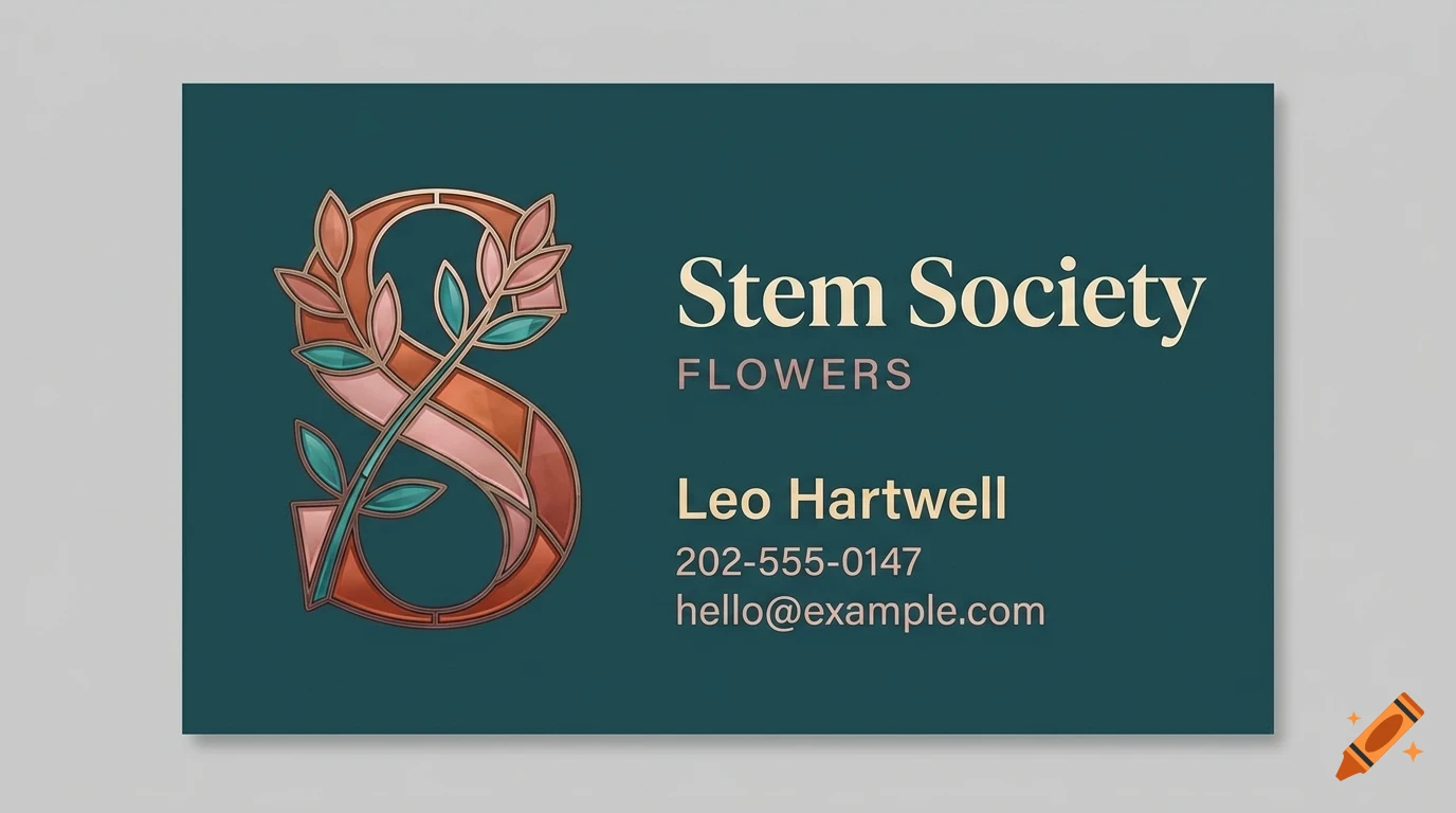 A dark teal business card mockup featuring an ornate letter S styled with stained glass and leaf motifs, alongside text reading Stem Society Flowers and contact details.