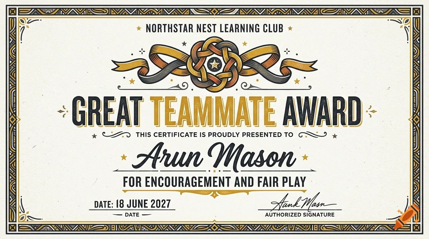 An award certificate featuring ornate borders, decorative ribbon elements, and the text Great Teammate Award presented to Arun Mason.