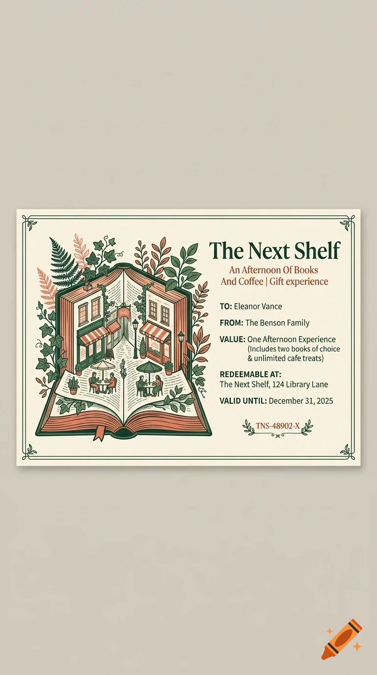 An illustrated gift card featuring an open book containing a tiny street scene with shops and people, accompanied by text.