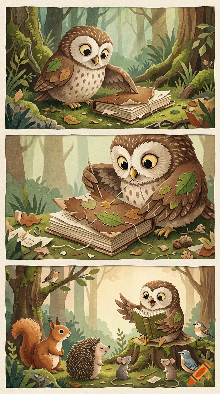 A three-panel comic illustration featuring a cute owl repairing an old book in a forest, and then reading it to forest animals.