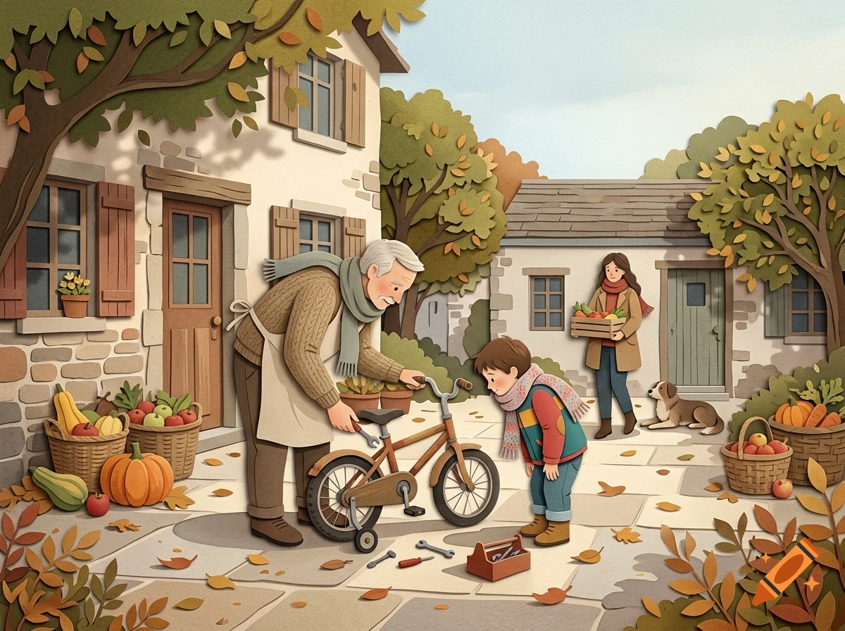 An elderly man fixing a child's bicycle in a courtyard with a woman, a dog, and autumn foliage.