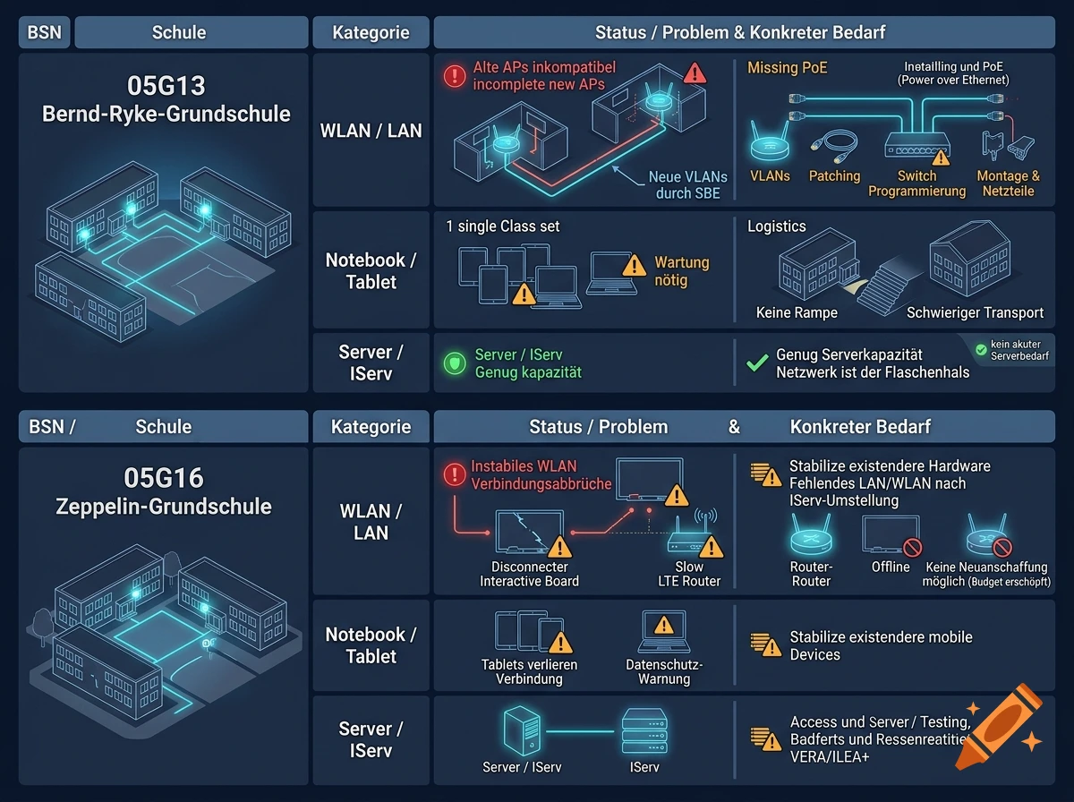 Digital dashboard infographic showing school infrastructure status, WLAN/LAN problems, and hardware requirements in German.