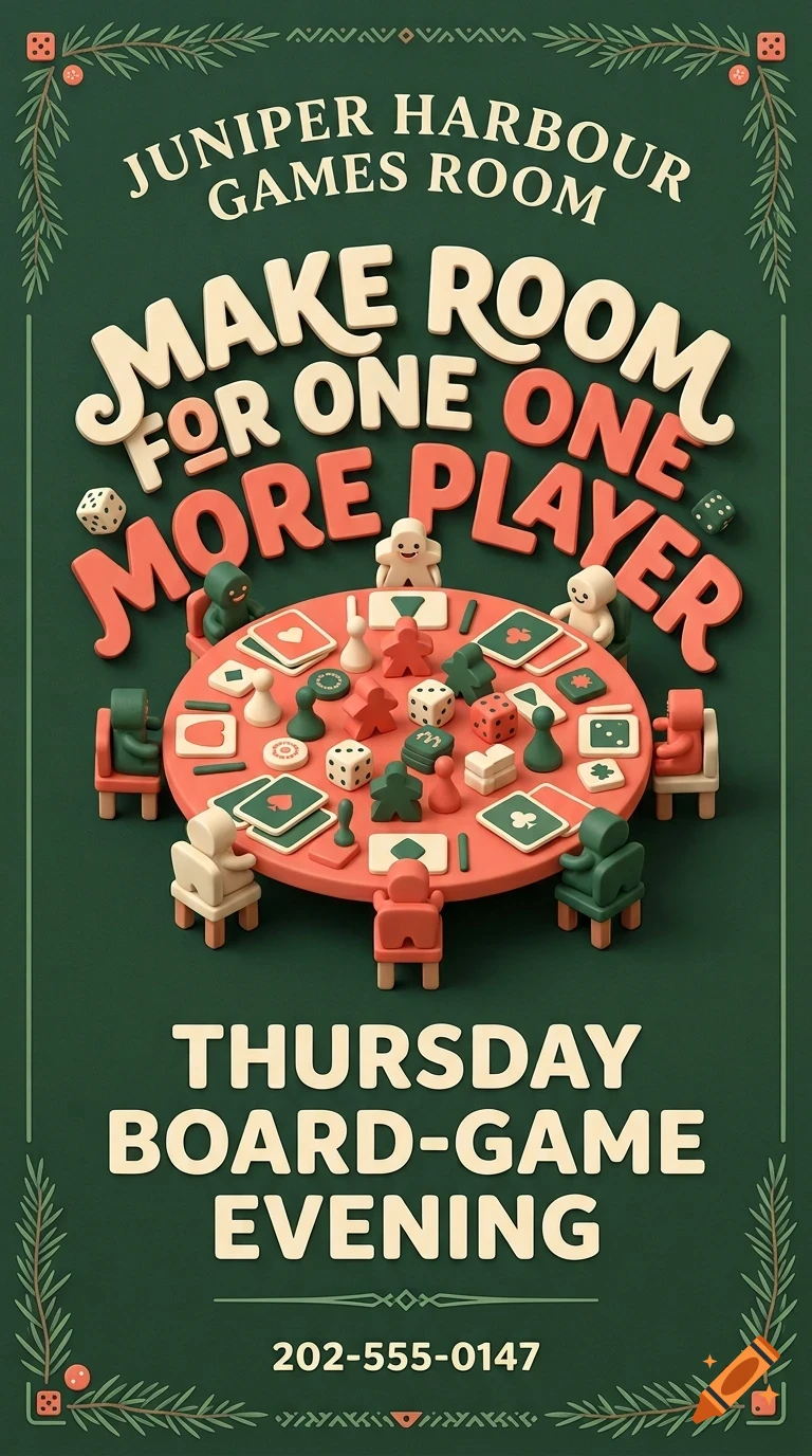 A poster for Juniper Harbour Games Room showing a table with board game pieces and the text 'Make room for one more player' and 'Thursday board-game evening'.