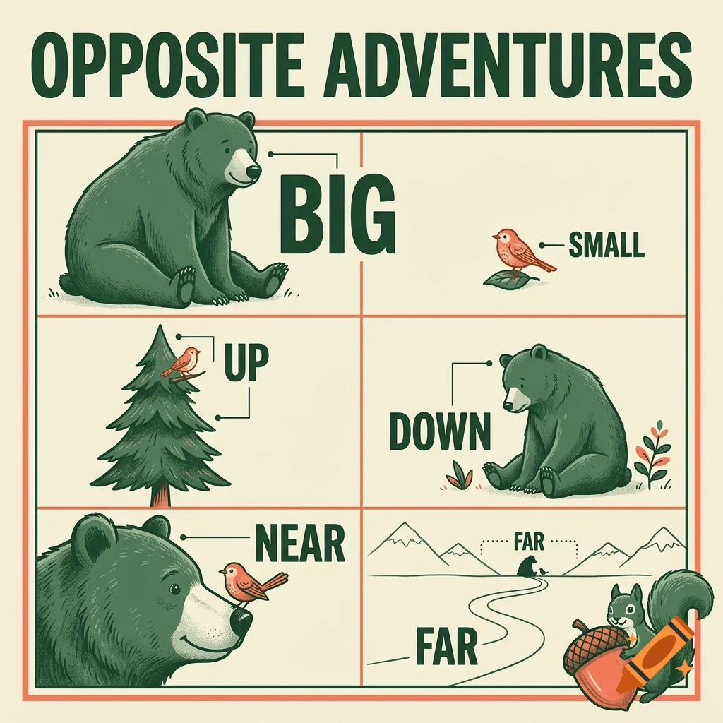 An educational illustration titled OPPOSITE ADVENTURES showing pairs like big and small, up and down, near and far using bears, birds, and trees.