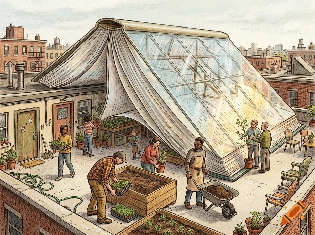An illustrated rooftop garden features a large open book forming a greenhouse structure, with people tending to plants in planters and pots.
