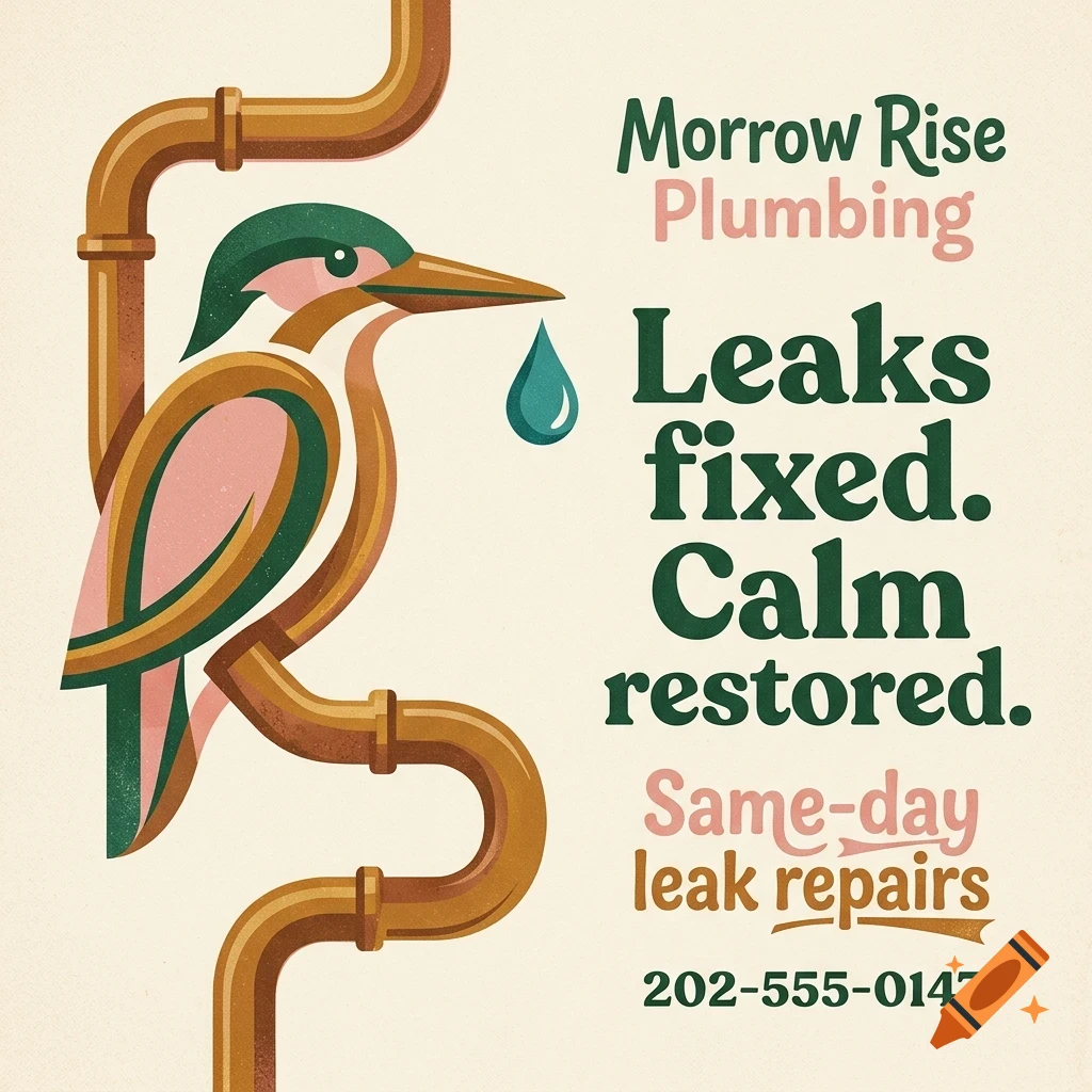 A stylized vector advertisement featuring a bird integrated with copper plumbing pipes, a water droplet, and plumbing company text.