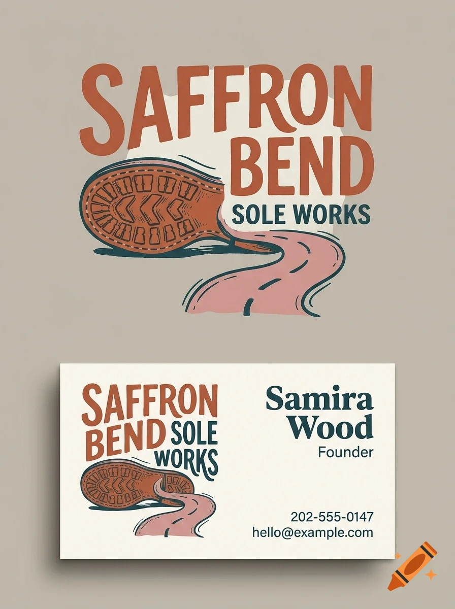 A business card featuring the text Saffron Bend Sole Works, a boot sole icon, and contact information for Samira Wood, Founder.