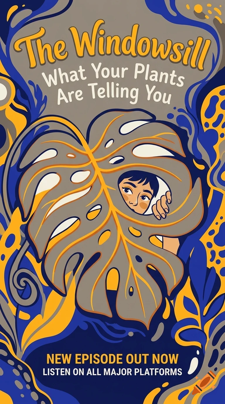 An illustrated poster titled The Windowsill featuring a person peeking through a large split leaf, surrounded by abstract plant patterns in blue, yellow, and gray.