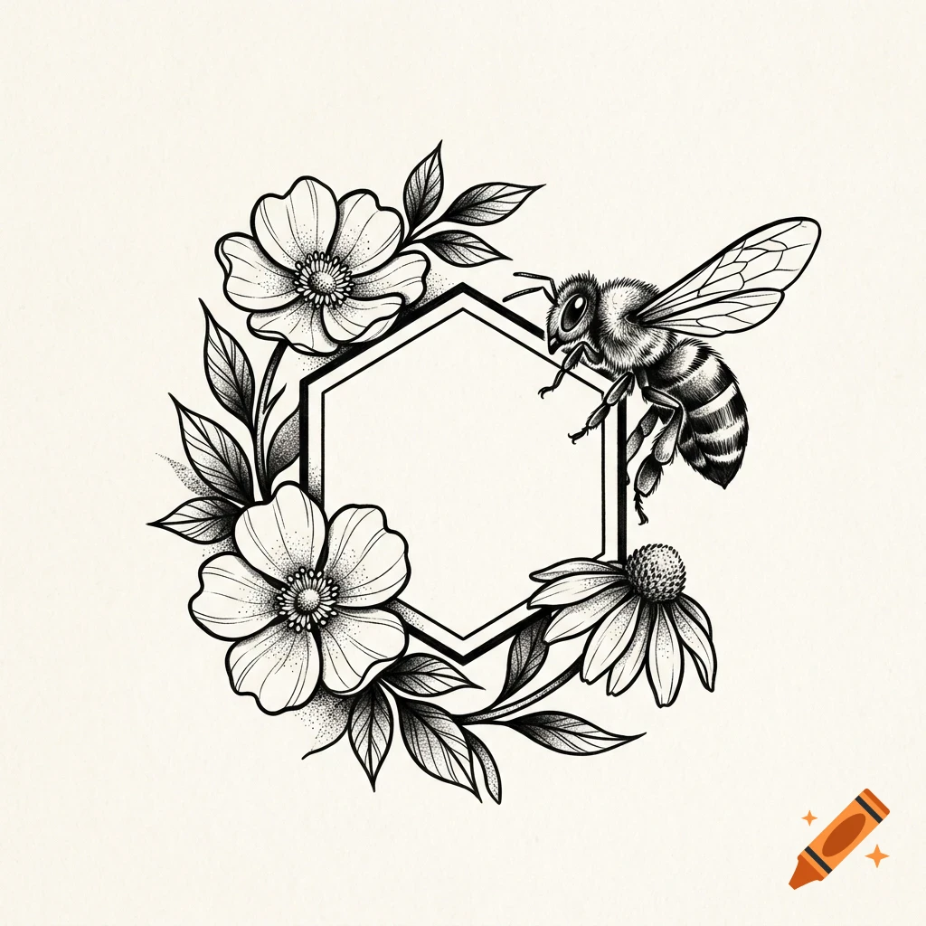 Black and white ink illustration of a bee and flowers arranged around a hexagon frame.