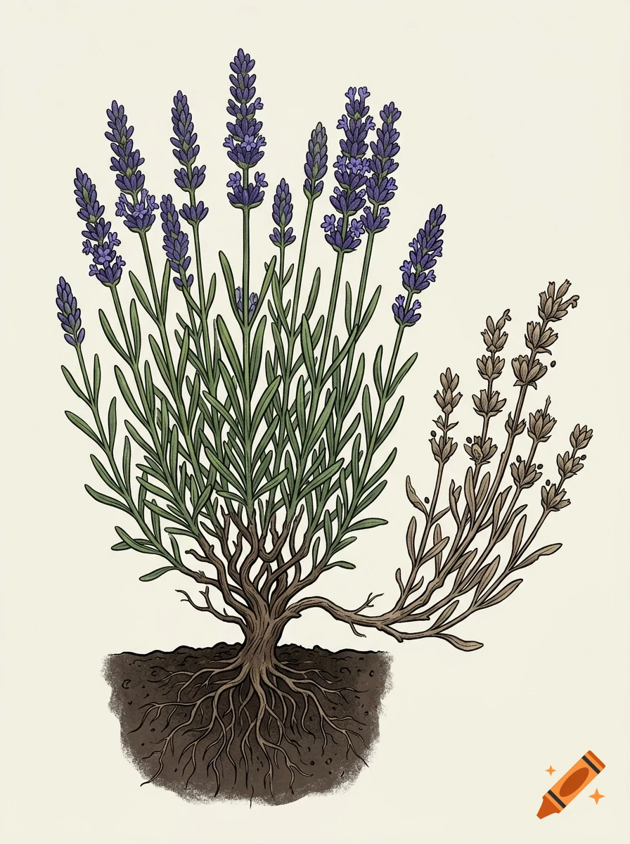 An illustrated botanical drawing of a lavender plant with purple flowers and green stems, shown with its roots in soil and a wilted branch on the side.