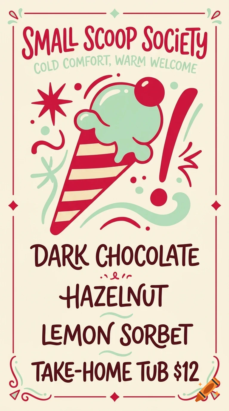 An ice cream cone poster illustration with the text Small Scoop Society and flavor listings for Dark Chocolate, Hazelnut, and Lemon Sorbet.