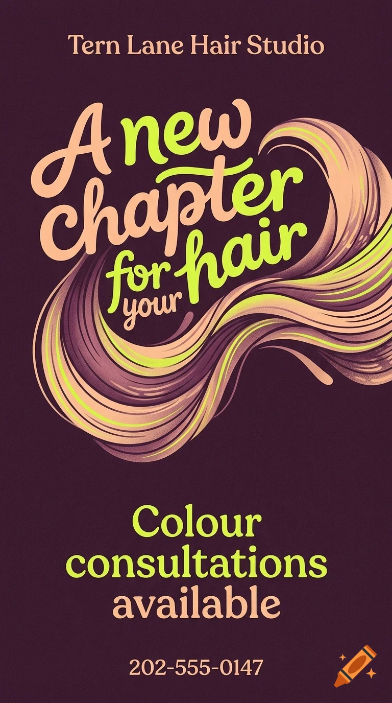 An advertisement for Tern Lane Hair Studio featuring styled hair illustration and the text A new chapter for your hair.