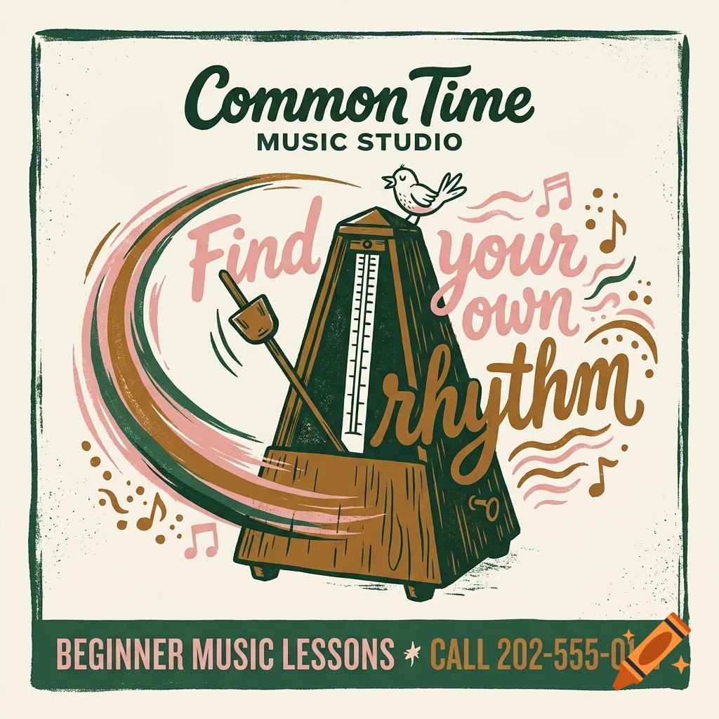 An illustrated poster for Common Time Music Studio featuring a metronome, a bird, musical notes, and the text Find your own rhythm.