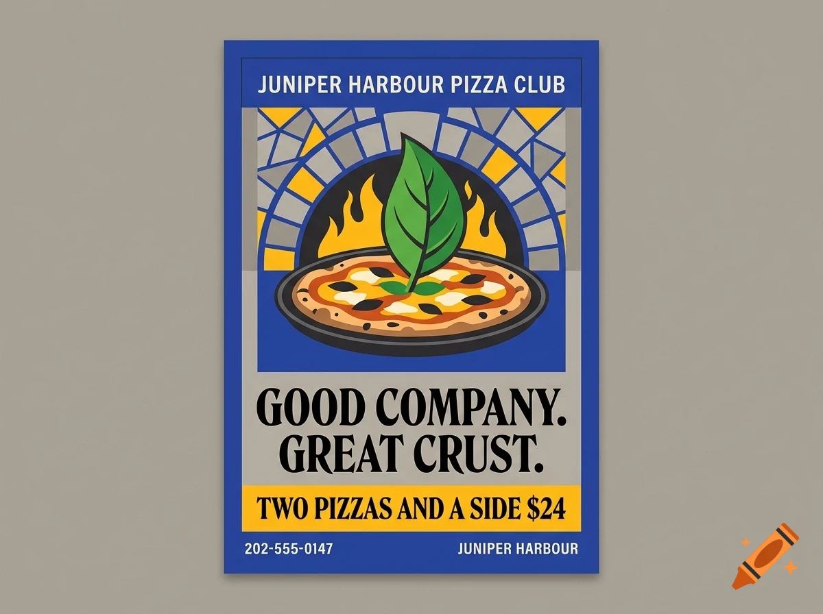 A poster advertisement for Juniper Harbour Pizza Club featuring an illustration of a pizza in front of a brick oven with flames and a large basil leaf, accompanied by text.