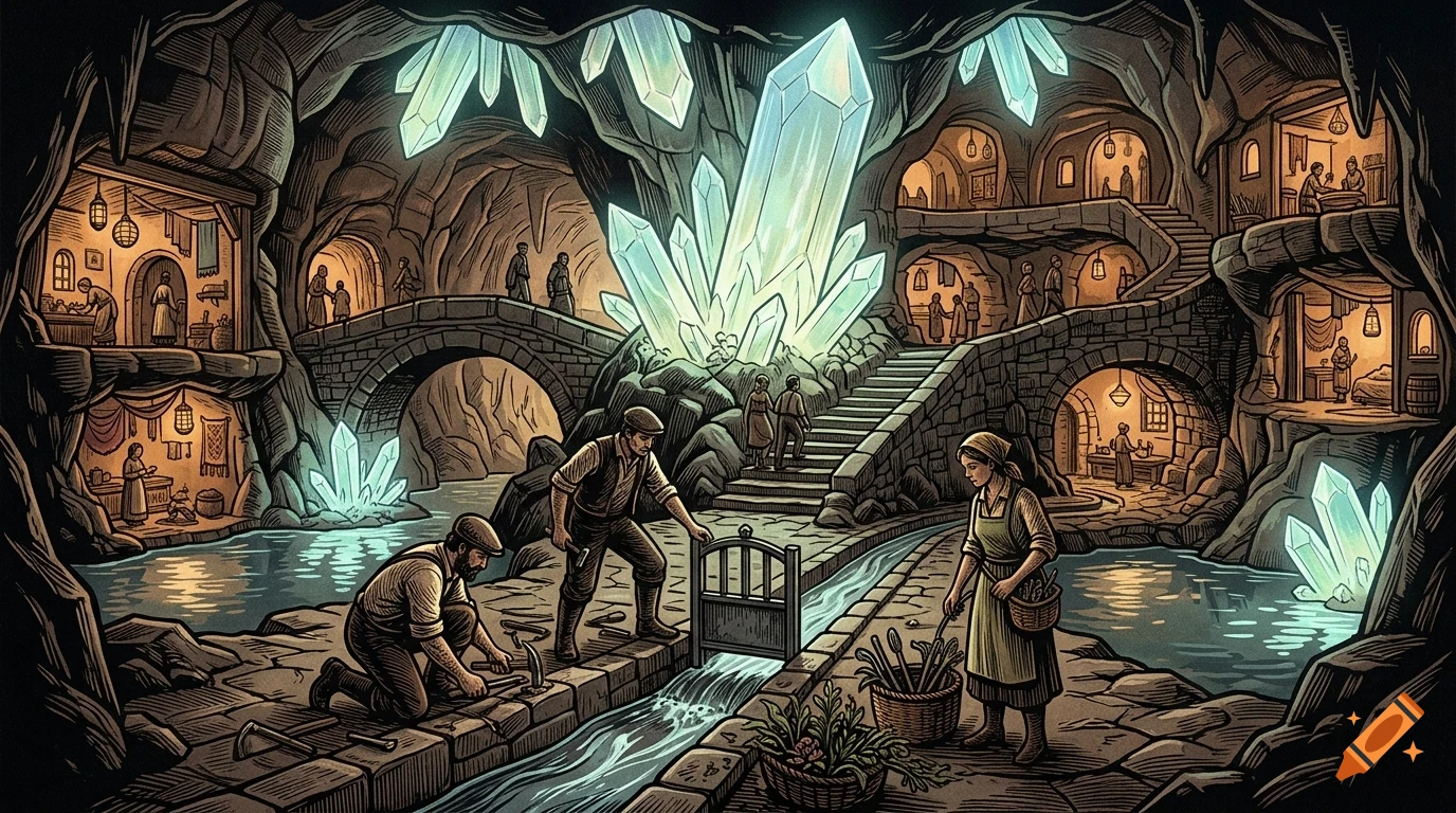 An illustrated underground settlement inside a cavern with glowing crystals, winding waterways, stone bridges, and people working in homes carved into the rock.