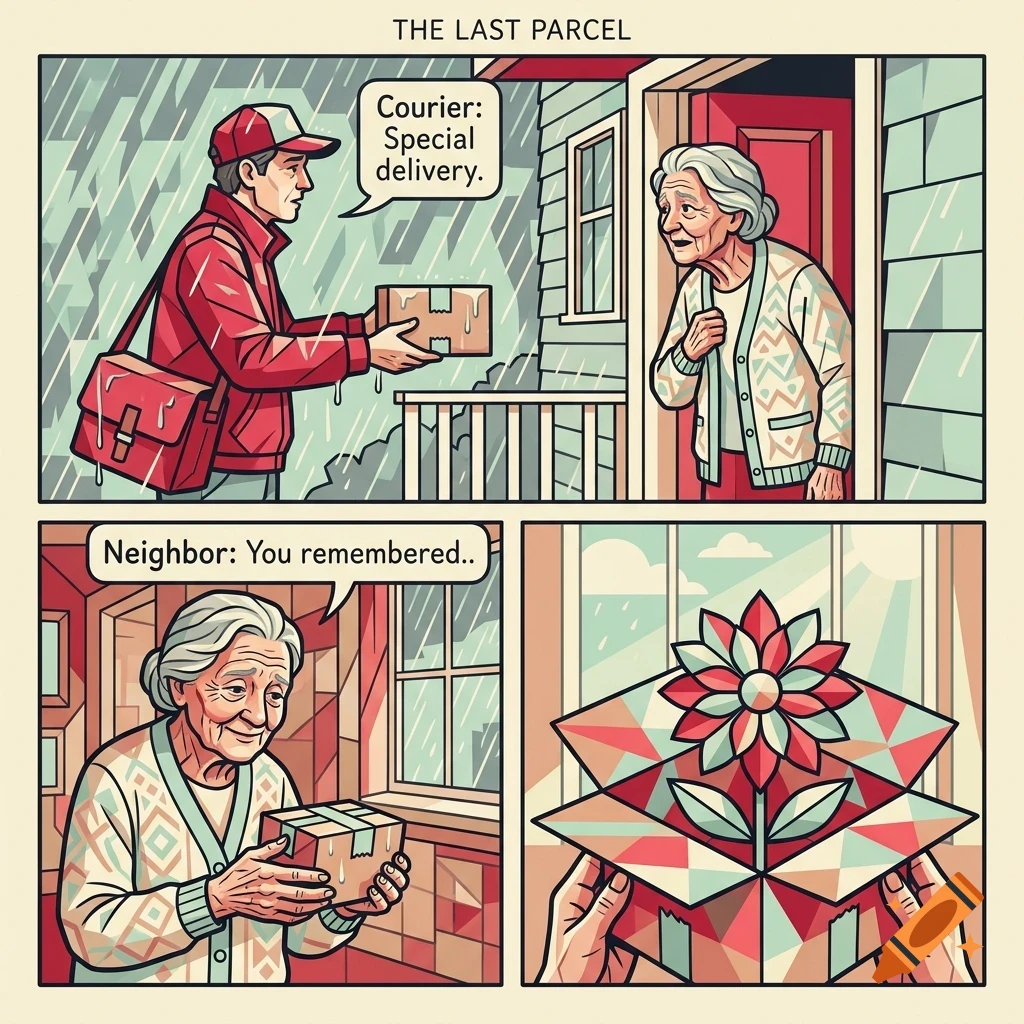 A comic strip showing a courier delivering a package to an elderly woman in the rain, who opens it to reveal a pop-up paper flower.
