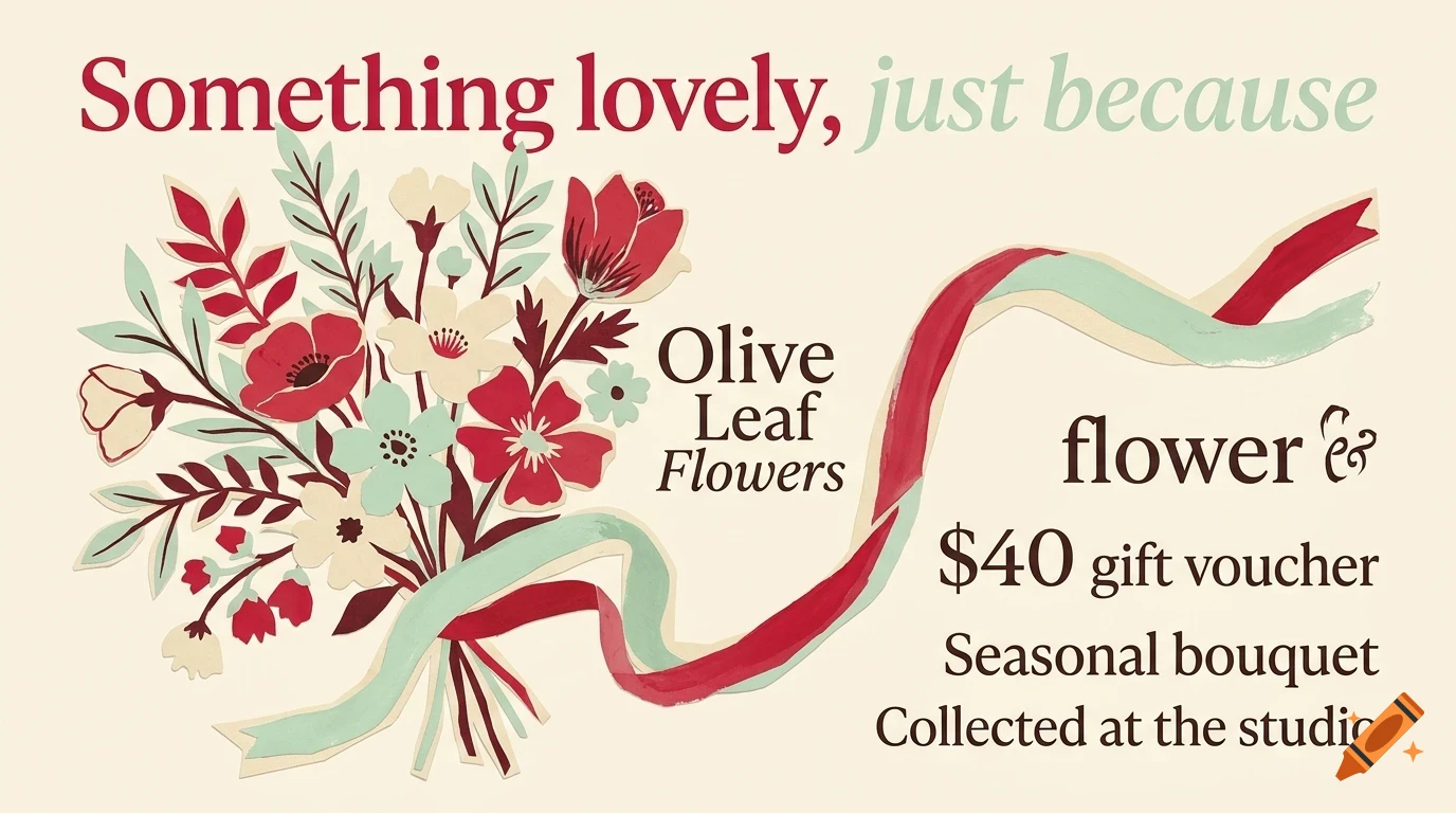 An illustrated flower bouquet graphic with text reading Something lovely, just because and Olive Leaf Flowers, accompanied by a ribbon and a gift voucher offer.