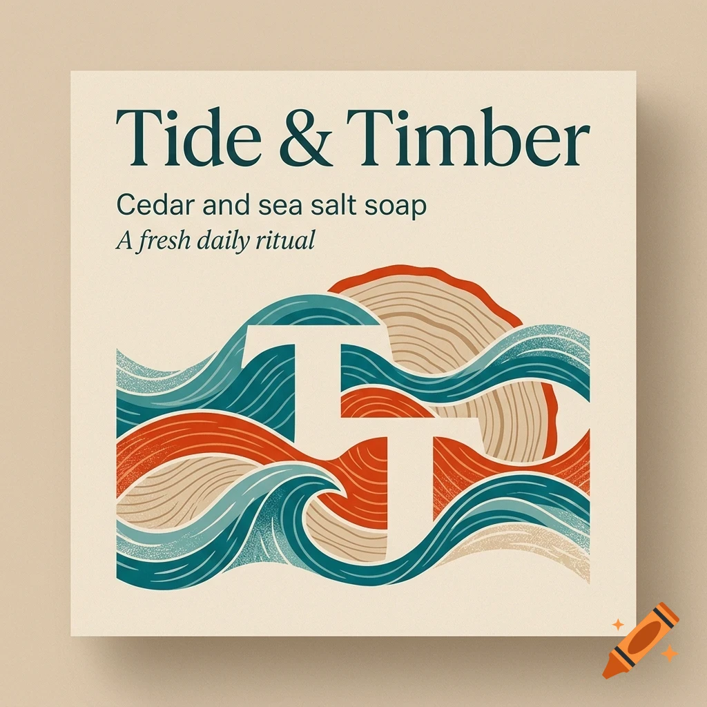 A graphic design label for Tide & Timber featuring stylized waves, wood grain, and lettering reading Cedar and sea salt soap.
