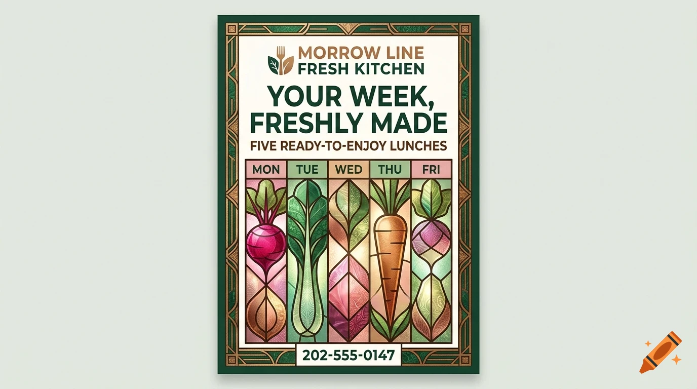 A poster design for Morrow Line Fresh Kitchen featuring a stained glass illustration of vegetables for each weekday, and a phone number at the bottom.