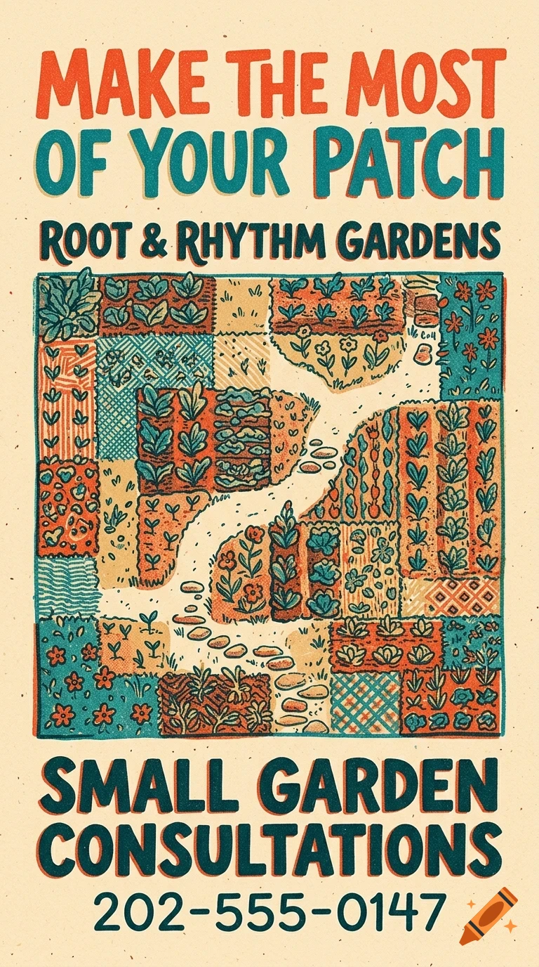 An illustrated garden design flyer titled Make the Most of Your Patch for Root & Rhythm Gardens, featuring rows of vegetables and flowers with a stone path.