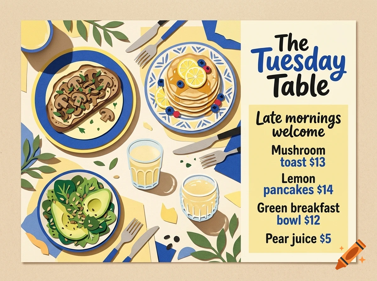 An illustrated menu for The Tuesday Table featuring dishes like mushroom toast, lemon pancakes, a green breakfast bowl, and pear juice, shown from an overhead view.
