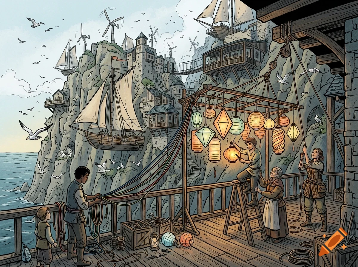 An illustrated coastal town built into rocky cliffs, with people hanging glowing lanterns on a wooden deck as a sailing ship floats by in the air.