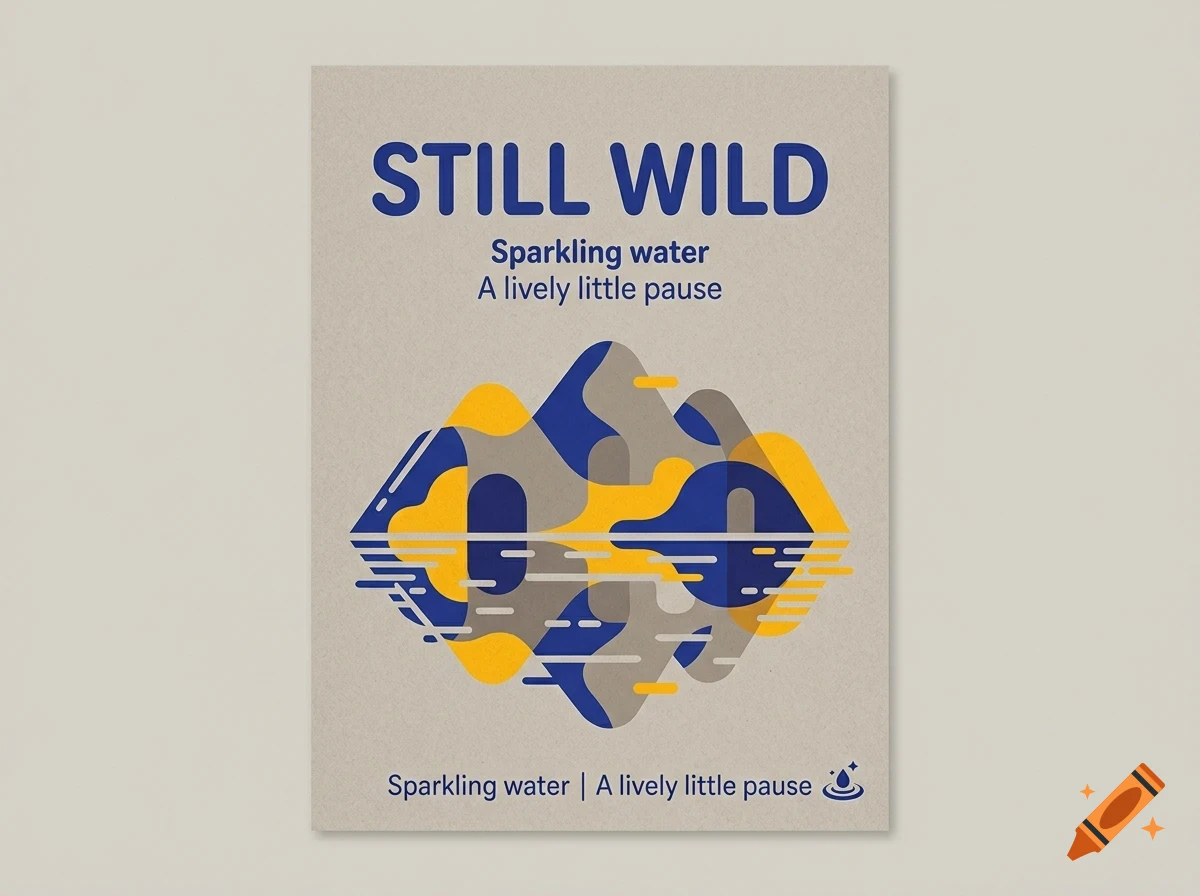 A poster design with the text 'STILL WILD' and abstract mountain graphics in blue, yellow, and grey.