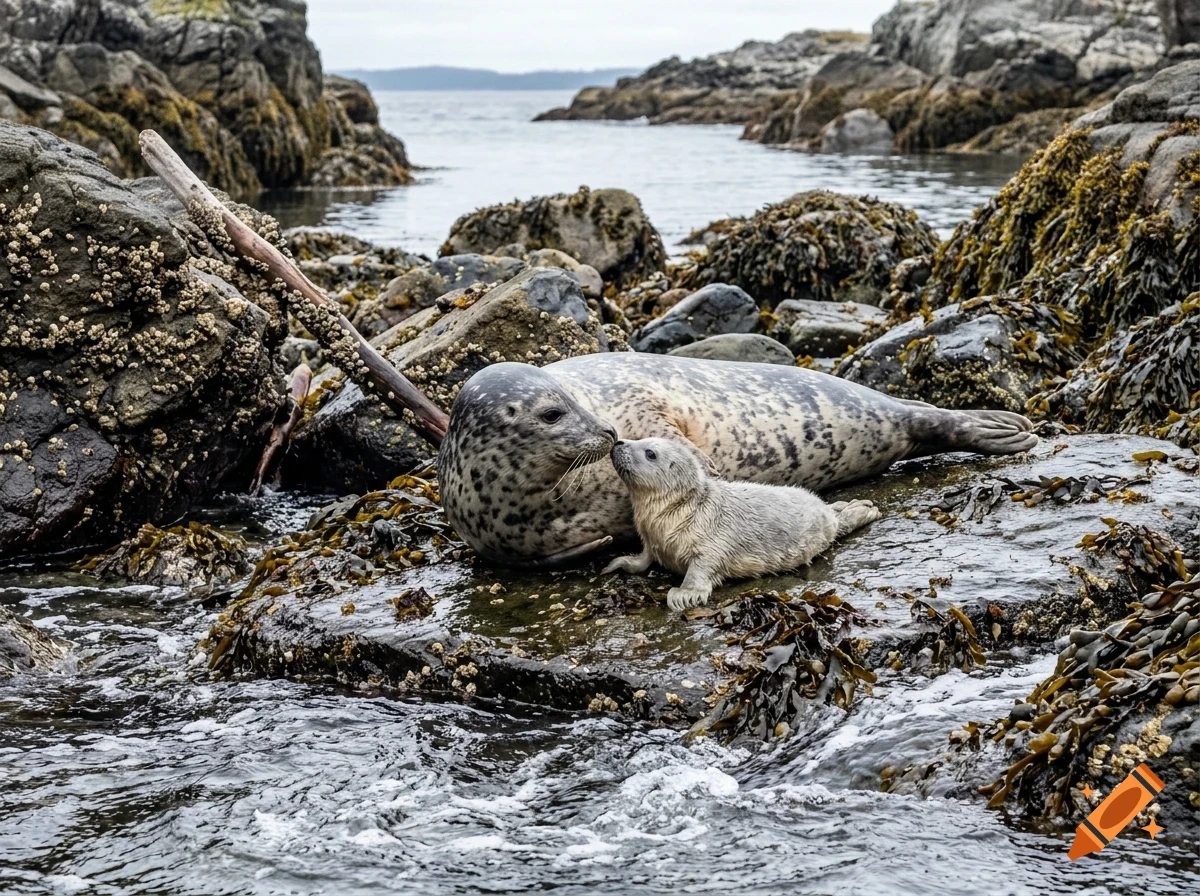 An adult seal and its pup rest on a rocky, seaweed-covered shore near water.