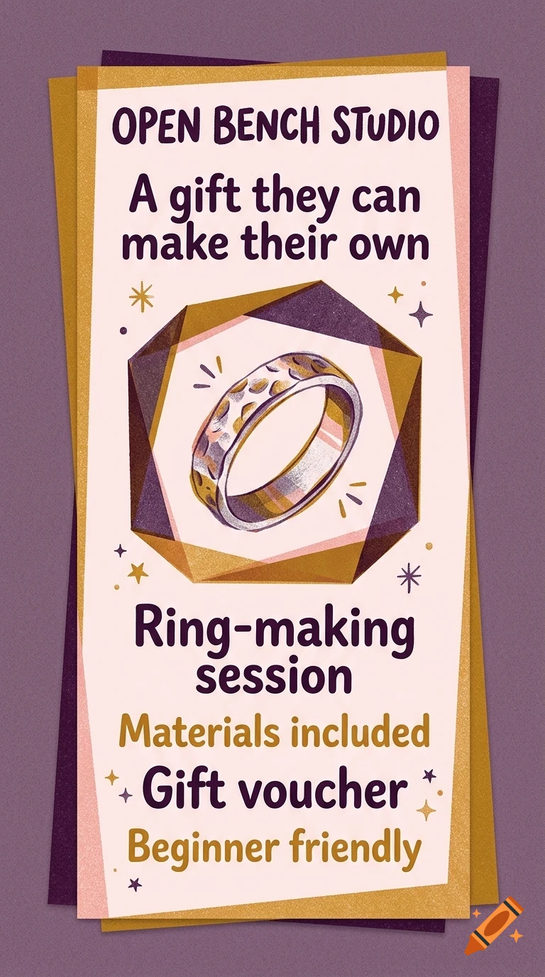 An illustrated voucher advertisement for a ring-making session with text, featuring a textured metal ring illustration in the center.