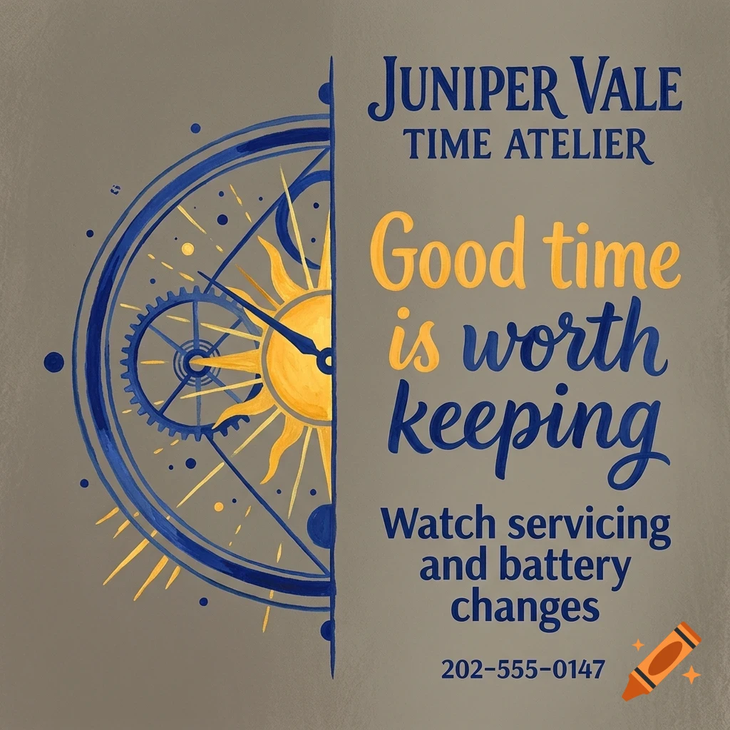 An advertisement for Juniper Vale Time Atelier featuring a stylized clock design and the text Good time is worth keeping.