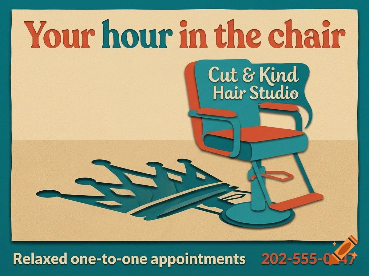 An advertisement for Cut & Kind Hair Studio featuring a salon chair casting a crown-shaped shadow.