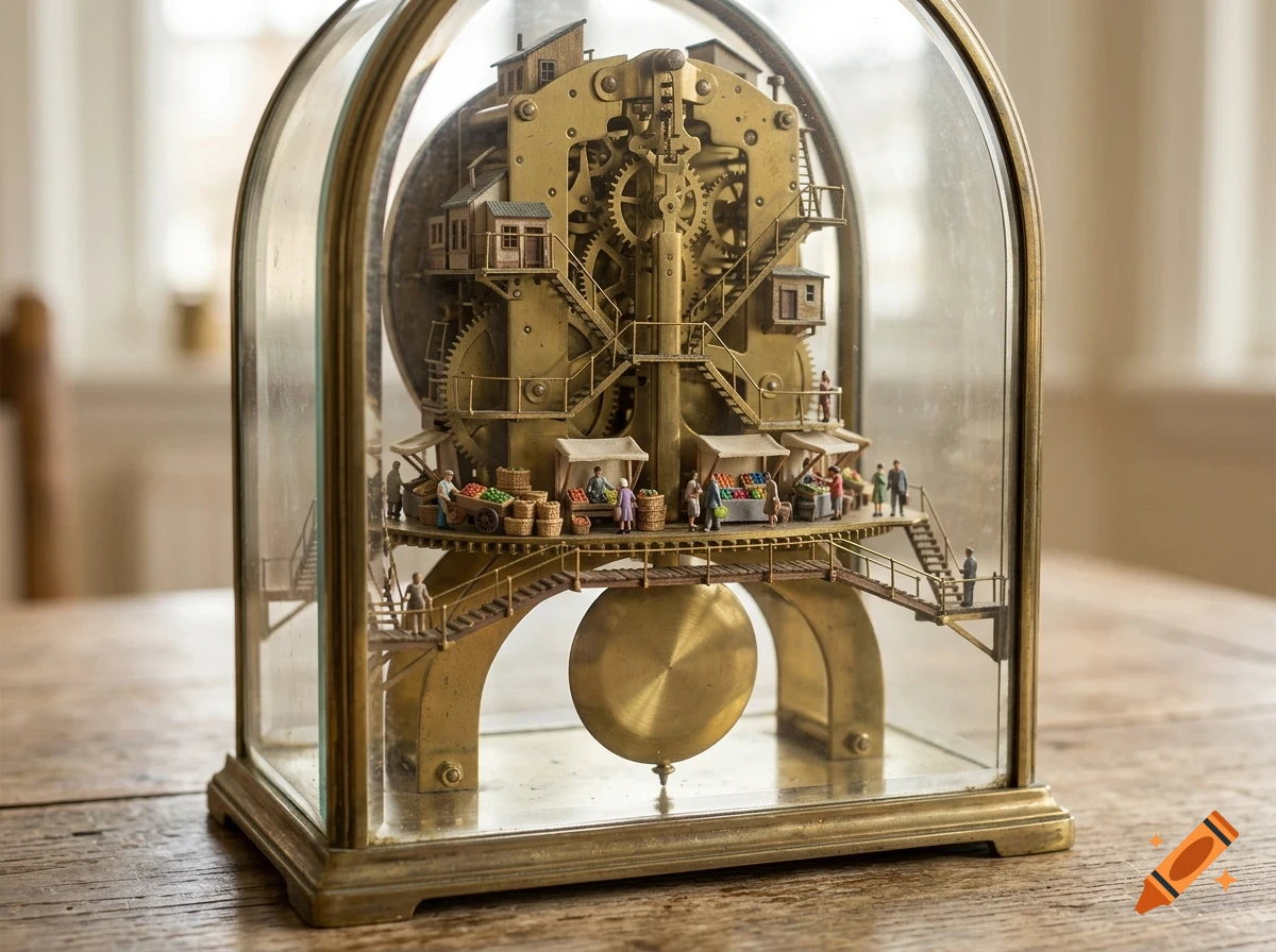 An intricate brass clock mechanism encased in glass features tiny houses, market stalls, and miniature people on stairs and platforms.