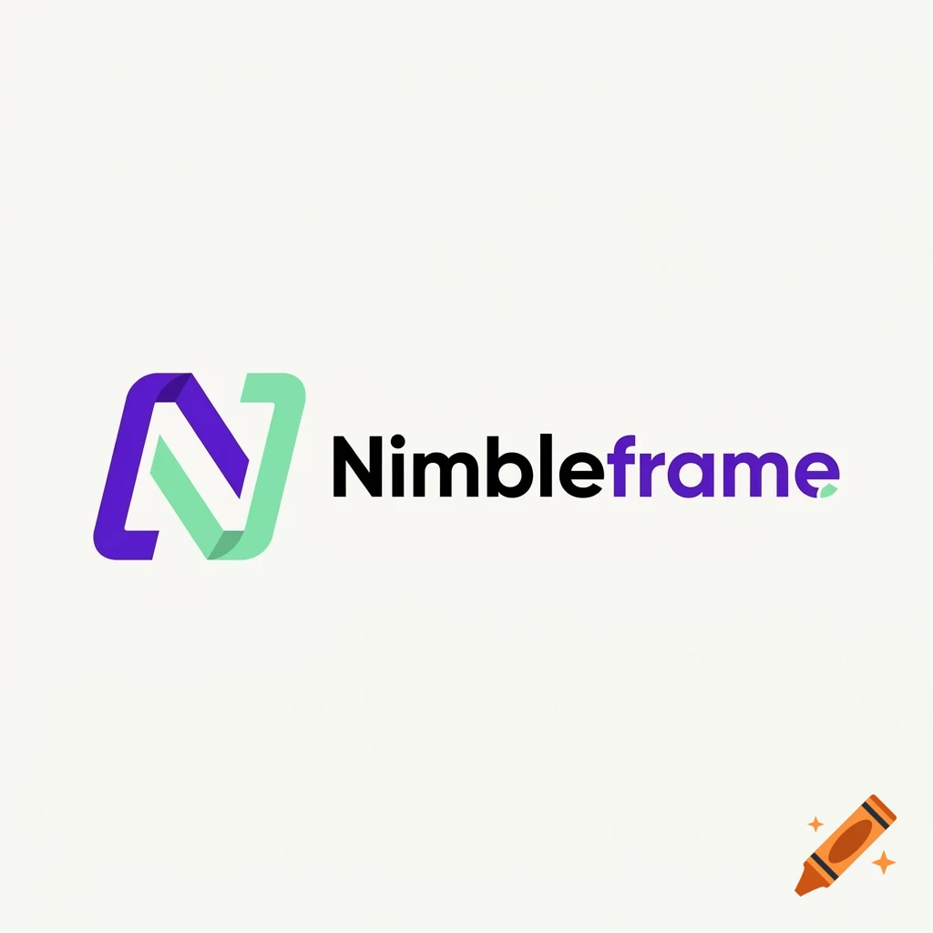 A minimalist logo featuring a stylized letter N formed by purple and light green intertwined ribbons, alongside the text 'Nimbleframe'.