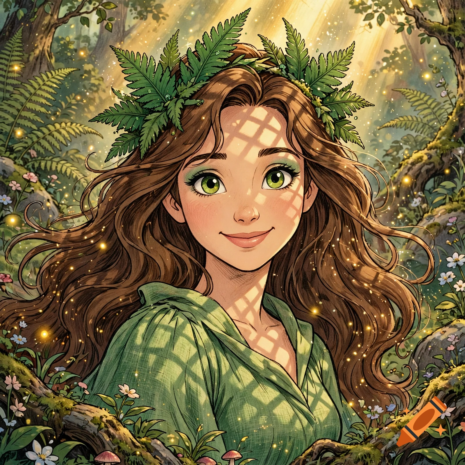 2D cartoon animation of a smiling forest spirit woman with brown hair, green fern crown, and green linen dress in a magical woodland.