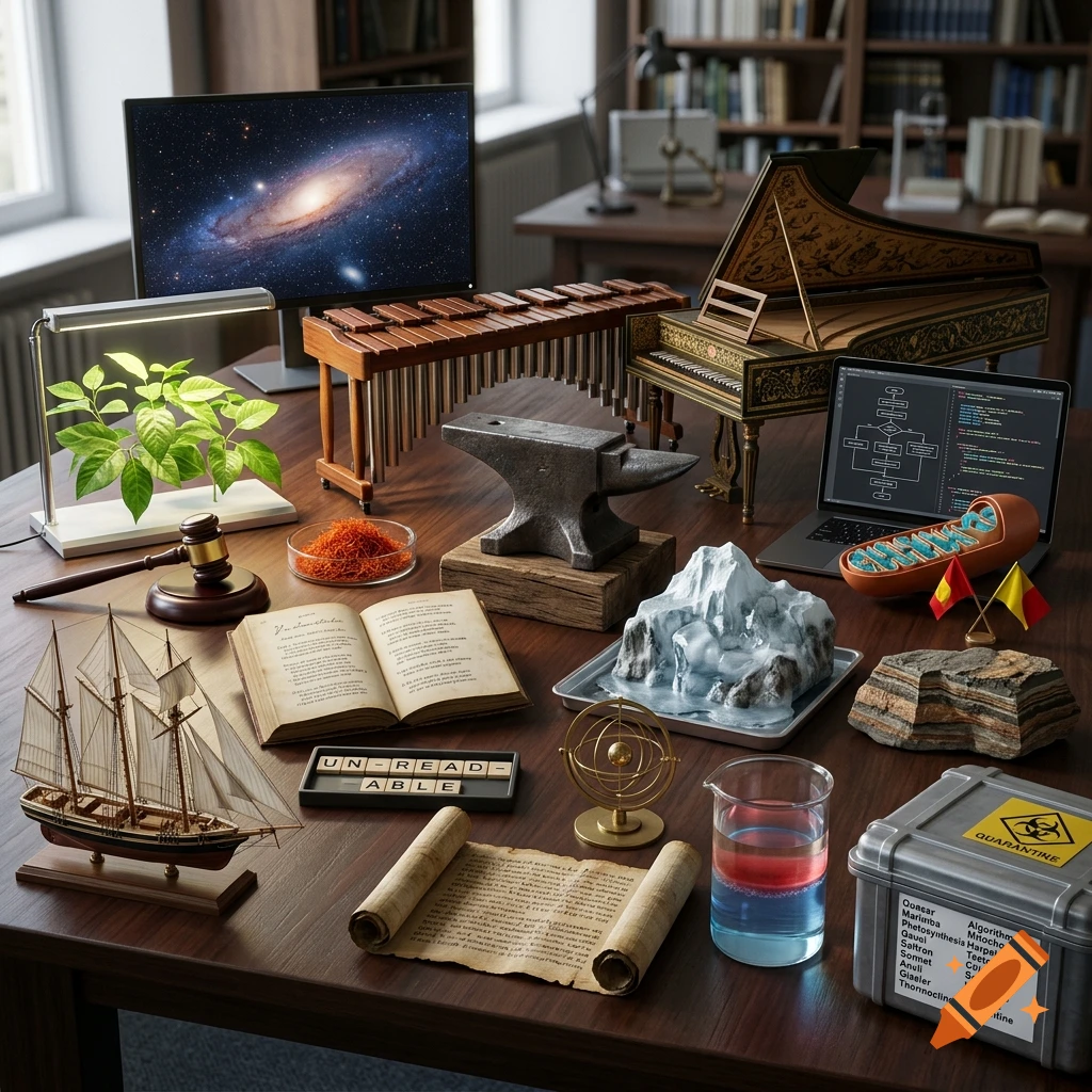 Photorealistic tabletop display featuring various objects representing words like marimba, anvil, mitochondrion, and quarantine.
