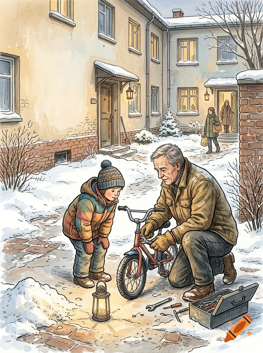 An older man helps a young child fix a small red bicycle in a snowy courtyard outside an apartment building.
