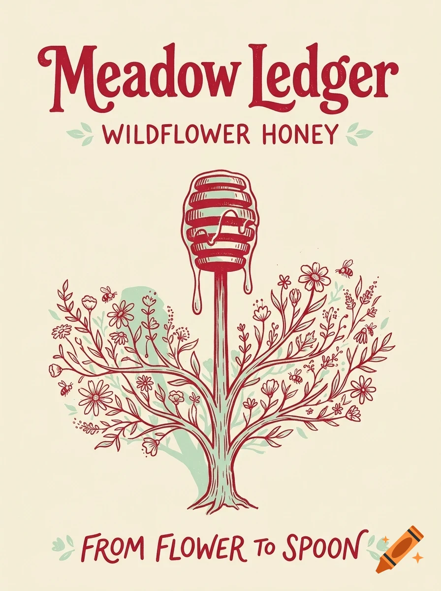 An illustrated design with the text Meadow Ledger and Wildflower Honey, featuring a honey dipper, flowers, and bees.