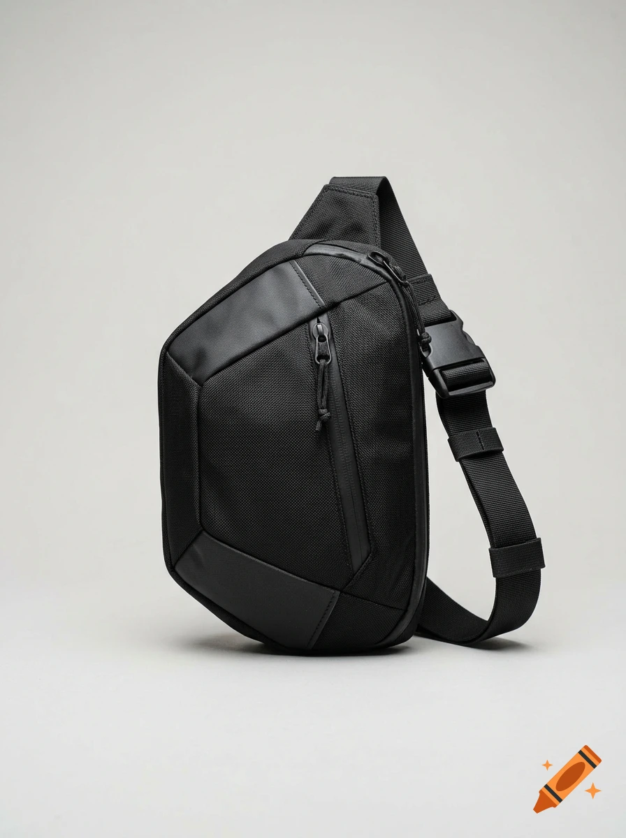Photorealistic product shot of a black angular crossbody bag with a zipper and buckle strap on a plain grey background.