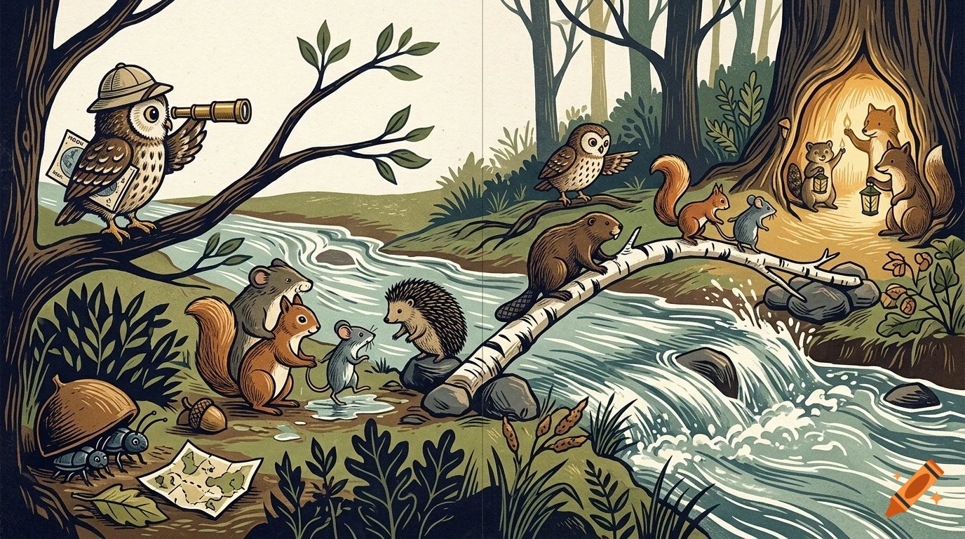 An illustrated woodland scene depicting various animals like owls, squirrels, mice, and foxes near a river and a hollow tree.